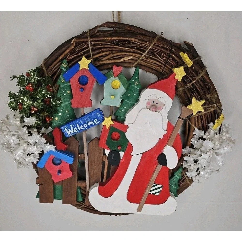 Santa Twine Vtg Christmas Wreath Retro Garden Wooden Attach Pcs 14 Inch Y2k Mist